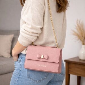 Ted Baker Arttie Bow Leather Crossbody Bag Dusky Pink Gold Chain Bow Purse